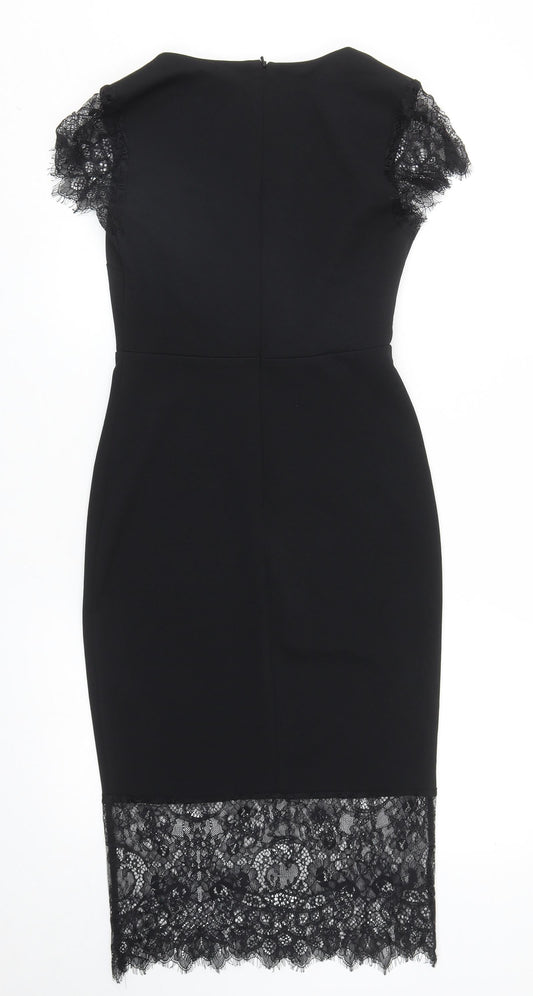 ASOS Womens Black Polyester Pencil Dress Size 8 V-Neck Zip - Lace trim