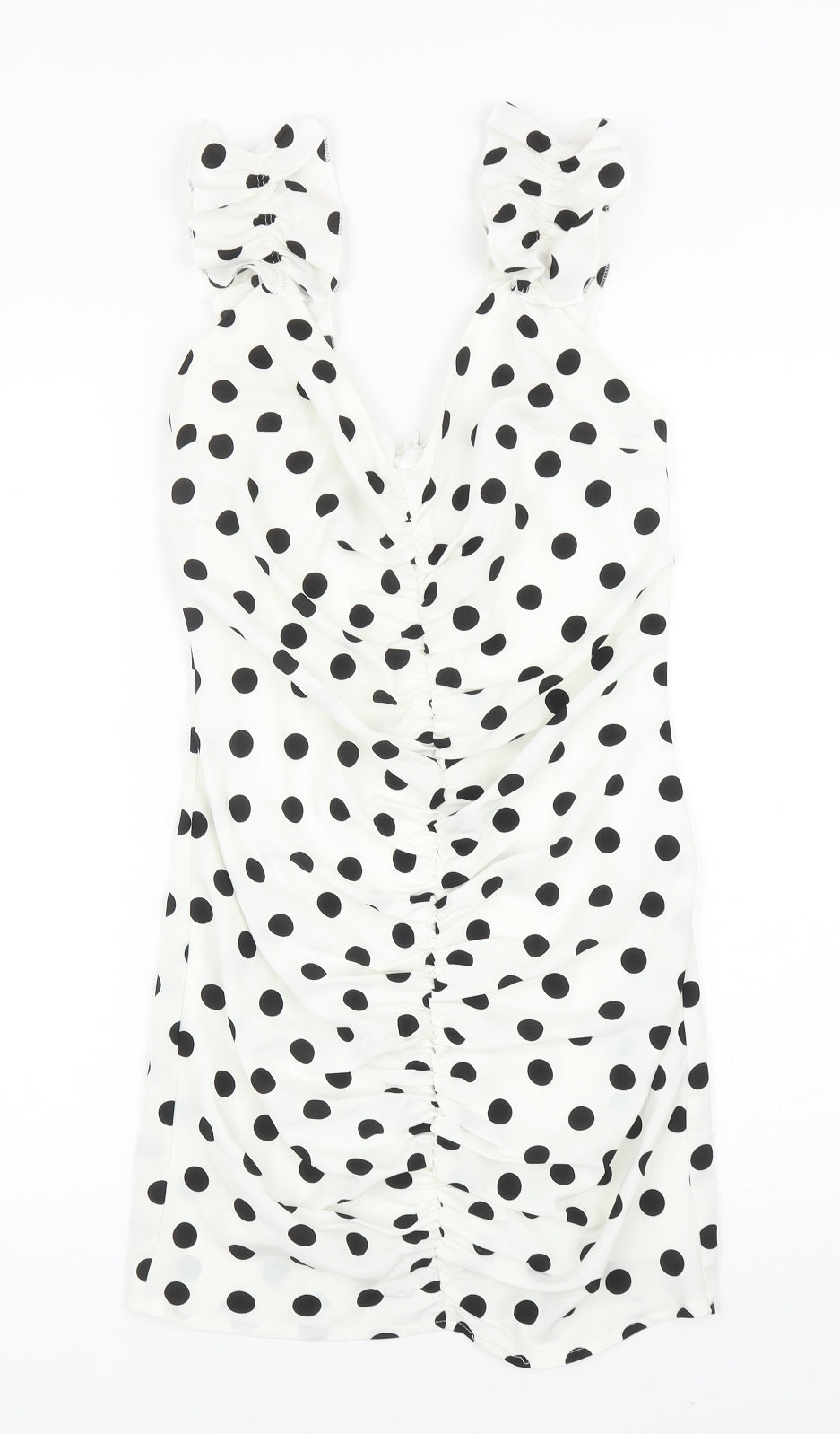 Preworn Womens White Polka Dot Polyester Bodycon Size S V-Neck Zip
