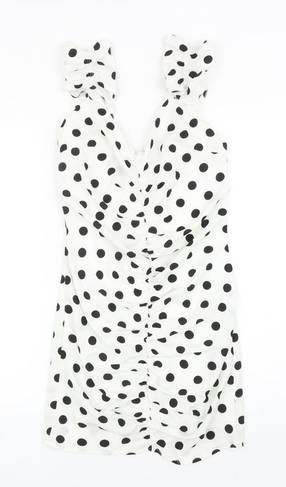 Preworn Womens White Polka Dot Polyester Bodycon Size S V-Neck Zip