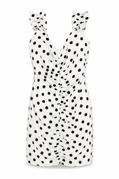 Preworn Womens White Polka Dot Polyester Bodycon Size S V-Neck Zip
