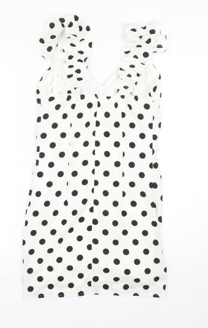 Preworn Womens White Polka Dot Polyester Bodycon Size S V-Neck Zip