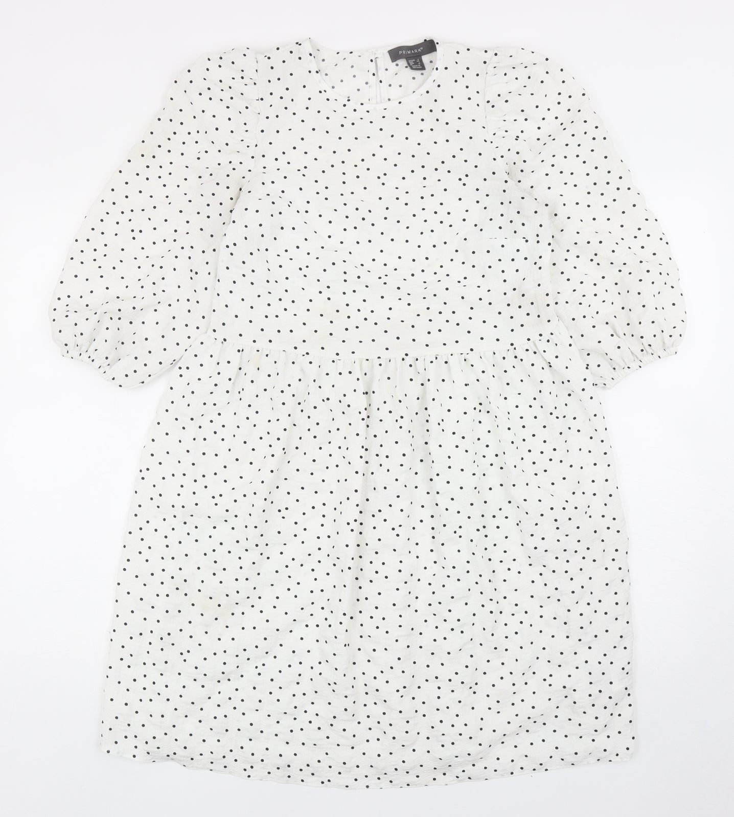 Primark Womens White Polka Dot Polyester A-Line Size 6 Round Neck Button