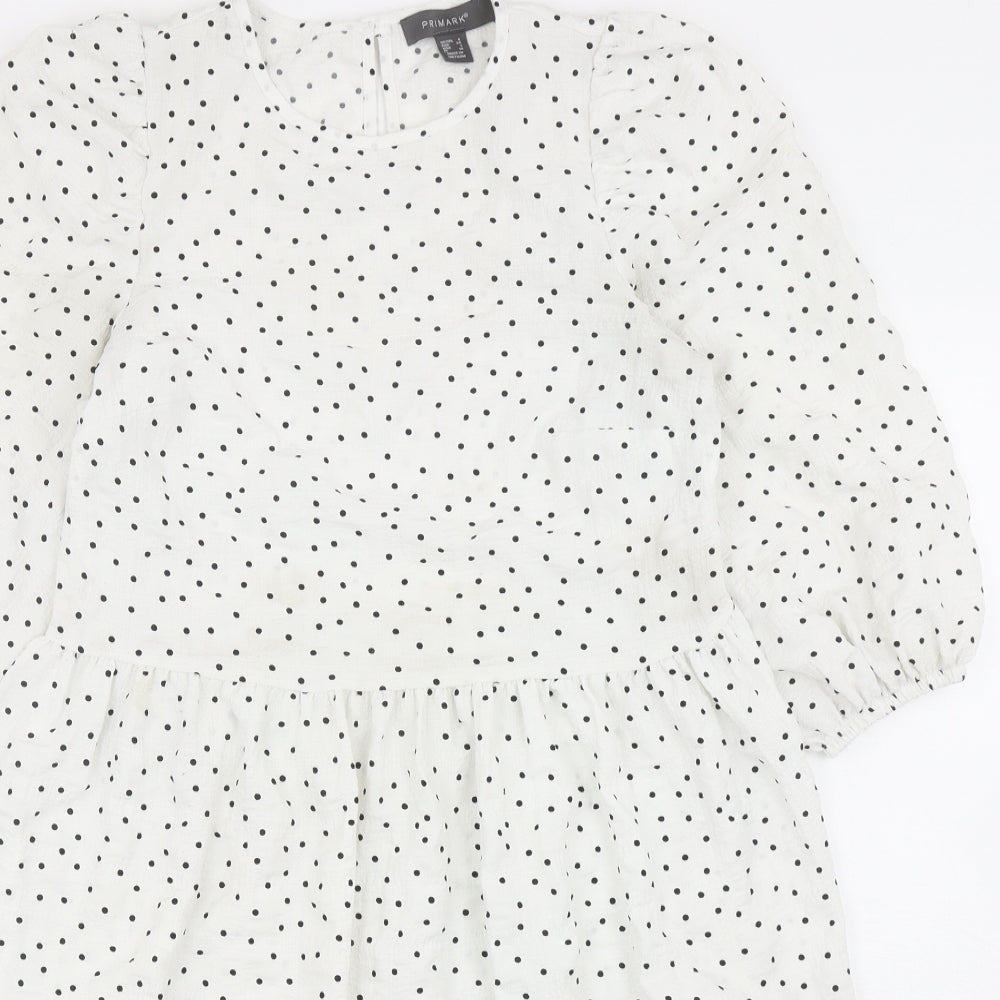 Primark Womens White Polka Dot Polyester A-Line Size 6 Round Neck Button