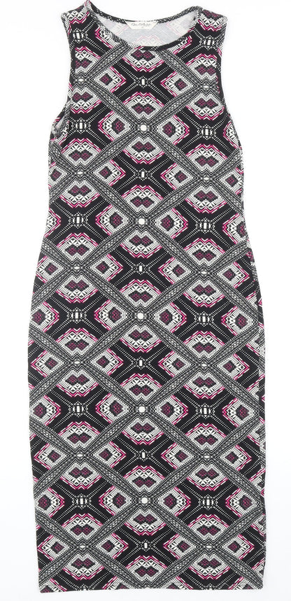 Miss Selfridge Womens Black Geometric Viscose Tank Dress Size 10 Boat Neck Pullover