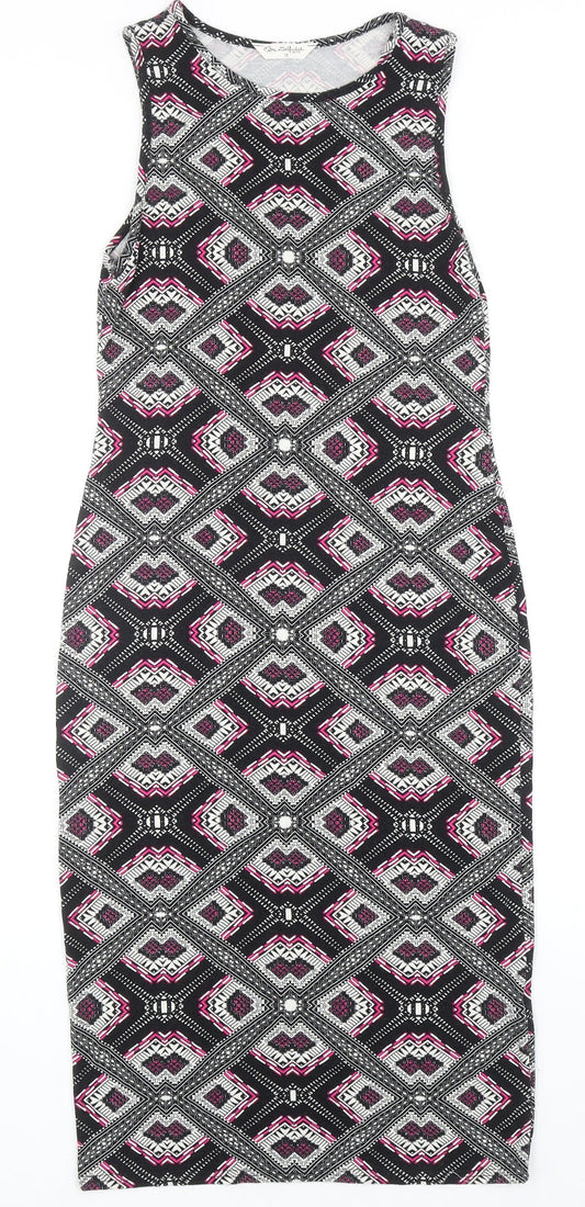 Miss Selfridge Womens Black Geometric Viscose Tank Dress Size 10 Boat Neck Pullover