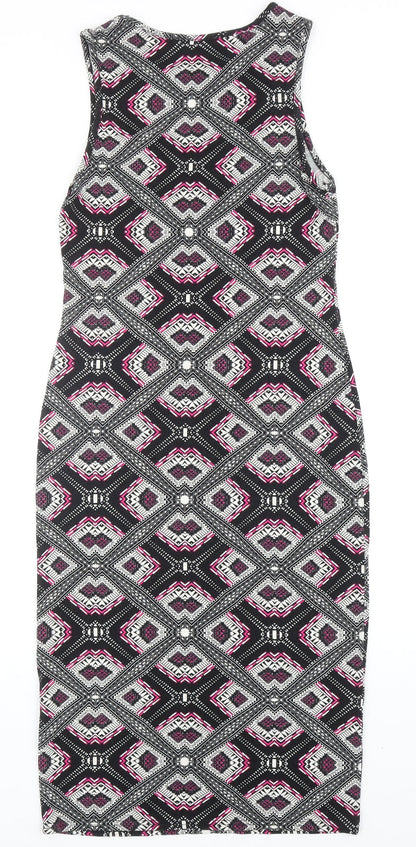 Miss Selfridge Womens Black Geometric Viscose Tank Dress Size 10 Boat Neck Pullover
