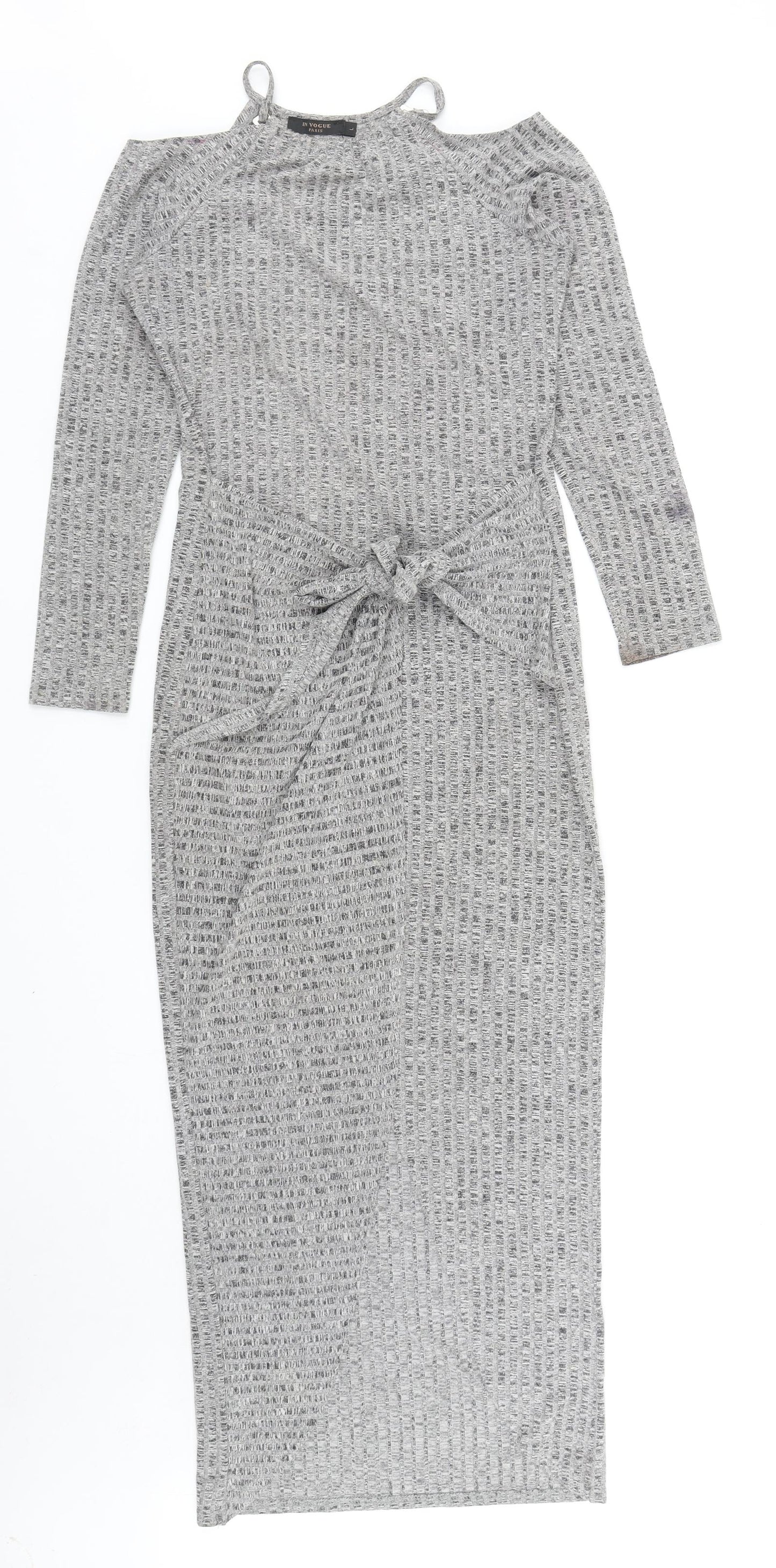 In Vogue Womens Grey Cotton Jumper Dress Size L Round Neck Pullover - Knot Detail