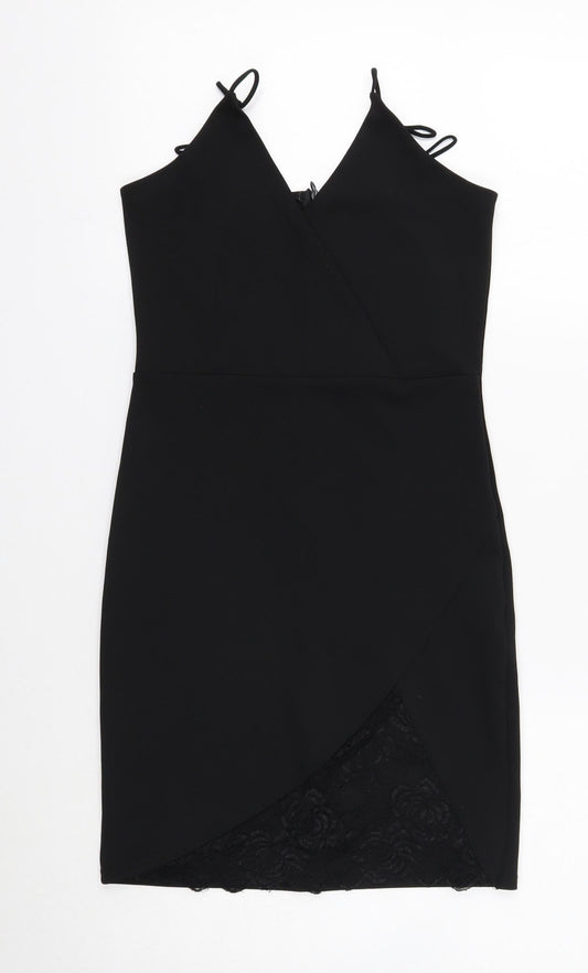 Missguided Womens Black Polyester Mini Size 8 V-Neck Zip - Lace Detail