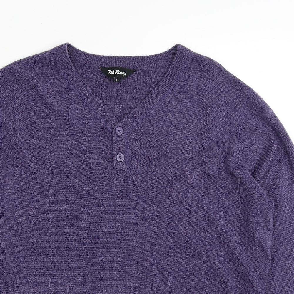 Red Herring Mens Purple V-Neck Acetate Pullover Jumper Size L