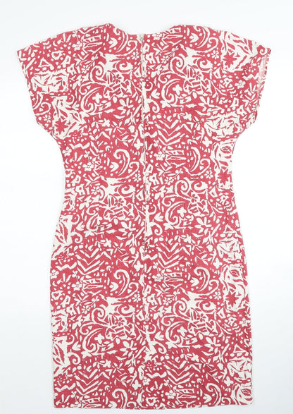 Preworn Womens Red Geometric Viscose Sheath Size 12 Scoop Neck Zip