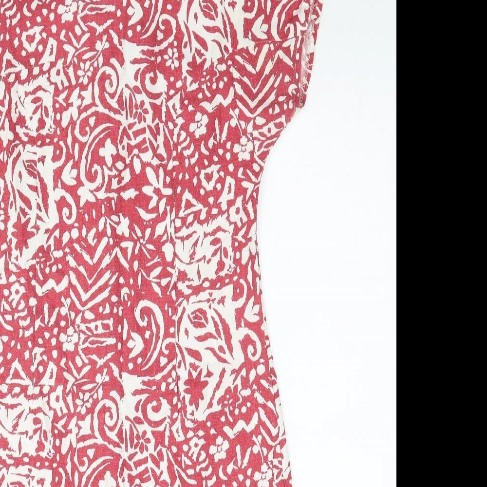 Preworn Womens Red Geometric Viscose Sheath Size 12 Scoop Neck Zip