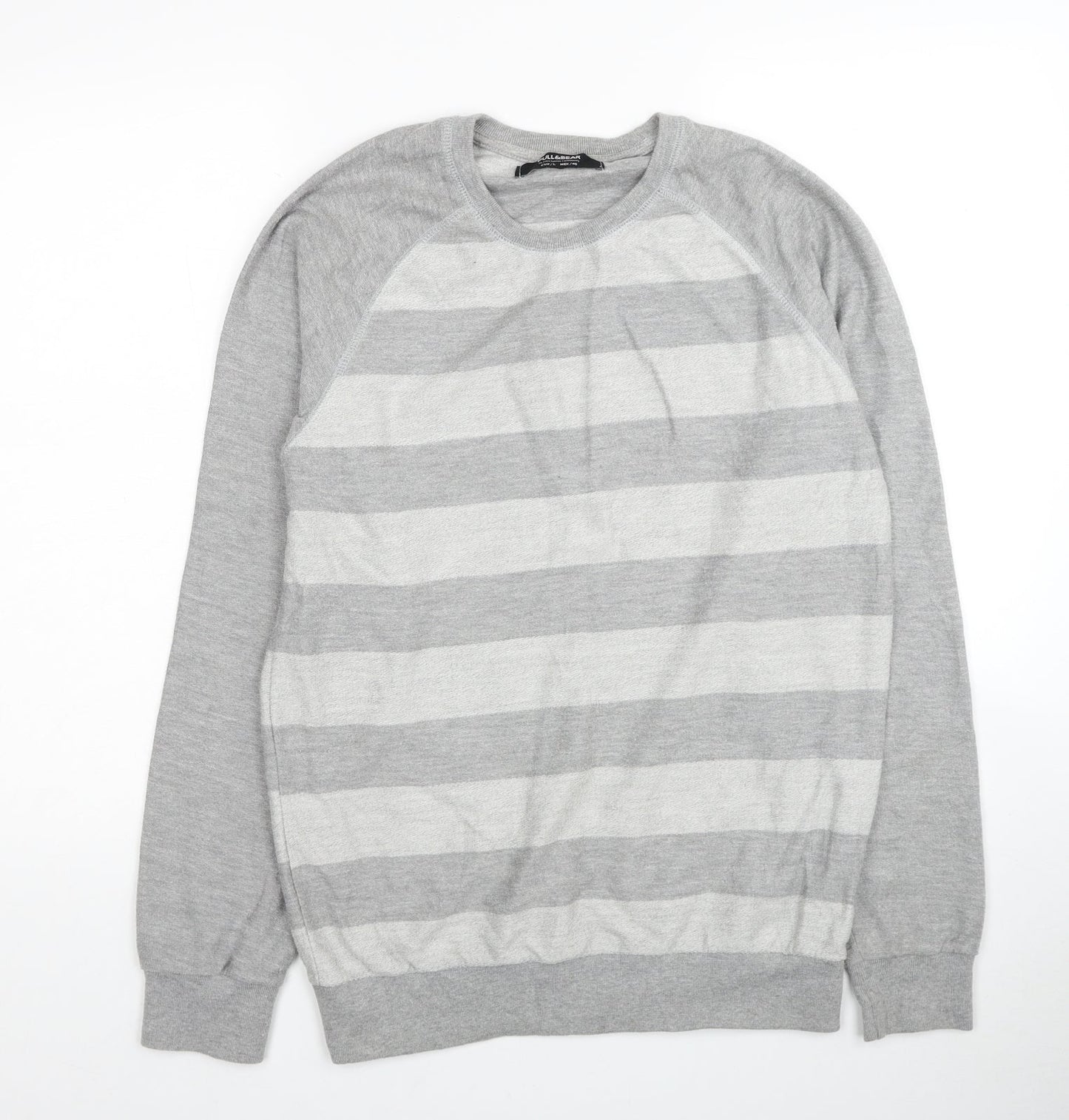 Pull&Bear Mens Grey Round Neck Striped Cotton Pullover Jumper Size L