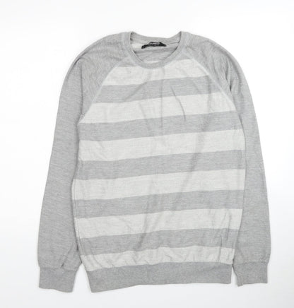 Pull&Bear Mens Grey Round Neck Striped Cotton Pullover Jumper Size L
