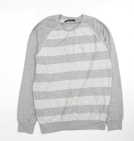 Pull&Bear Mens Grey Round Neck Striped Cotton Pullover Jumper Size L