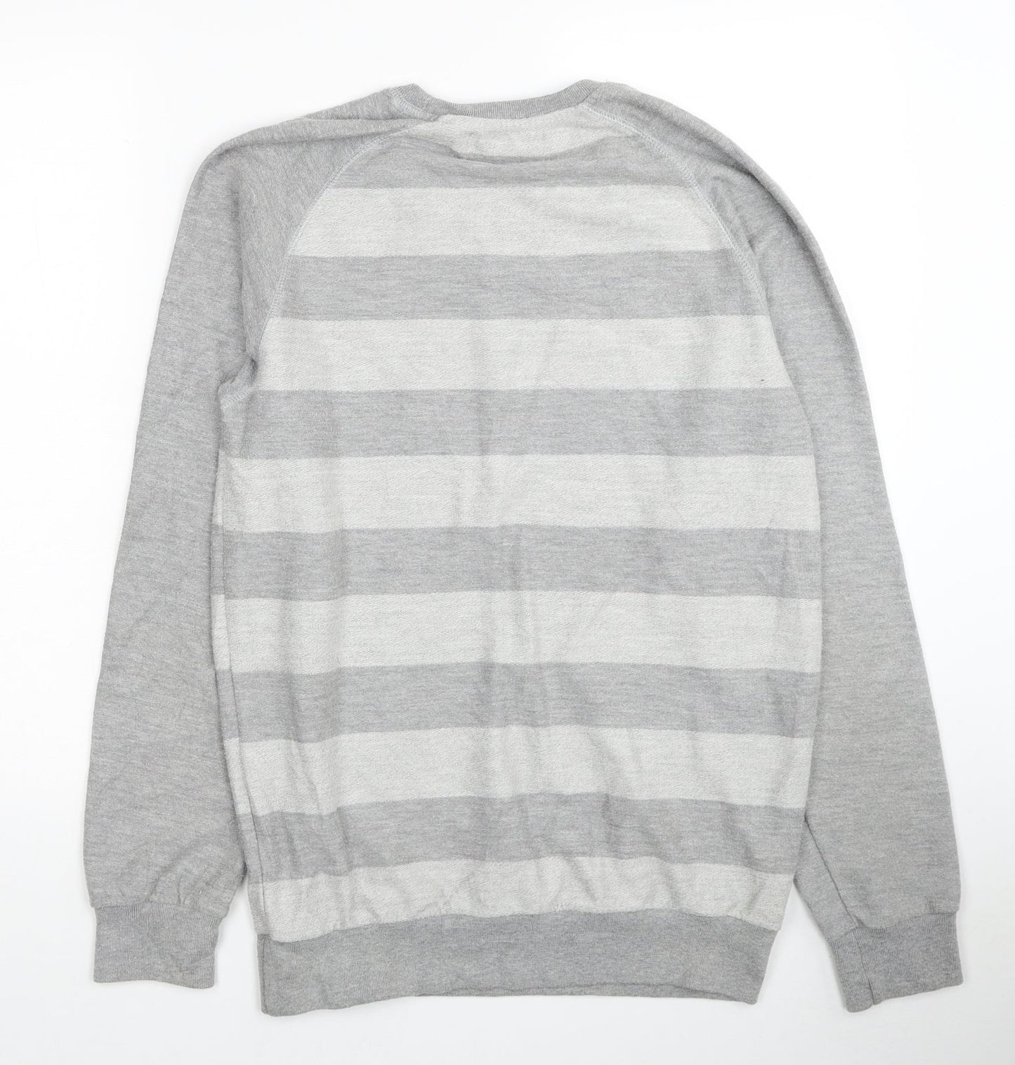 Pull&Bear Mens Grey Round Neck Striped Cotton Pullover Jumper Size L