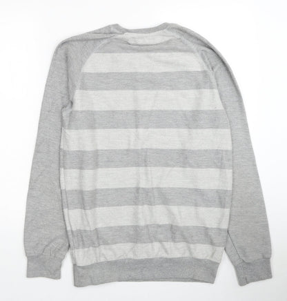 Pull&Bear Mens Grey Round Neck Striped Cotton Pullover Jumper Size L