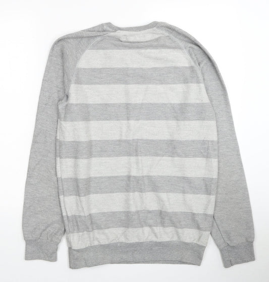 Pull&Bear Mens Grey Round Neck Striped Cotton Pullover Jumper Size L