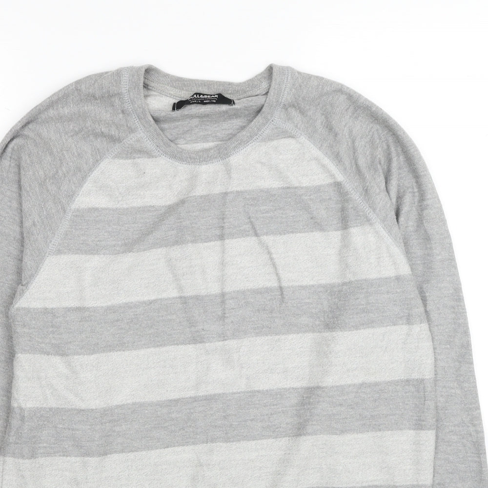 Pull&Bear Mens Grey Round Neck Striped Cotton Pullover Jumper Size L