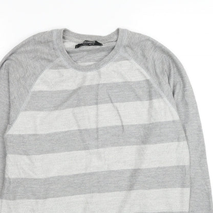 Pull&Bear Mens Grey Round Neck Striped Cotton Pullover Jumper Size L