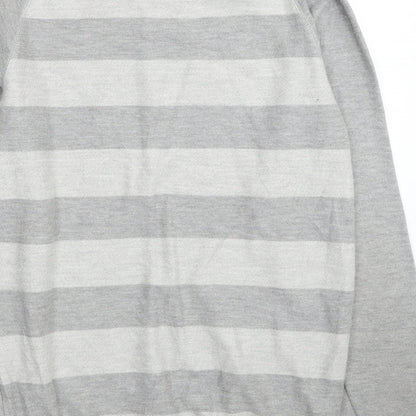 Pull&Bear Mens Grey Round Neck Striped Cotton Pullover Jumper Size L