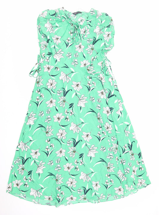 Marks and Spencer Womens Green Floral Viscose A-Line Size 8 Round Neck Pullover