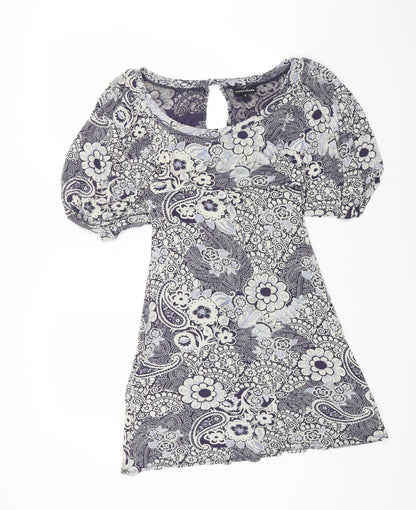 Warehouse Womens Blue Floral Cotton Shift Size 12 Boat Neck Pullover