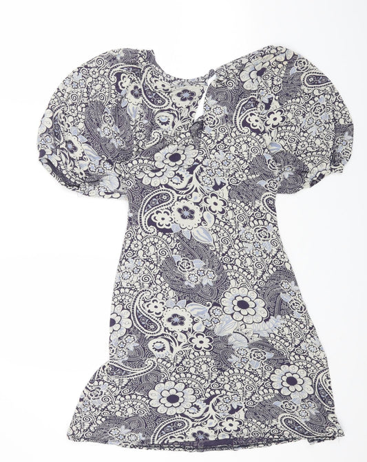 Warehouse Womens Blue Floral Cotton Shift Size 12 Boat Neck Pullover