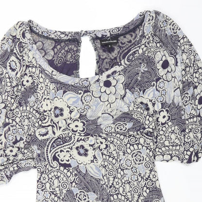 Warehouse Womens Blue Floral Cotton Shift Size 12 Boat Neck Pullover