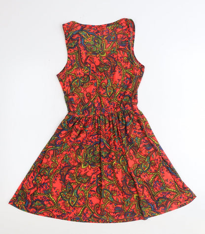 Topshop Womens Orange Paisley Polyester Fit & Flare Size 8 Scoop Neck Tie