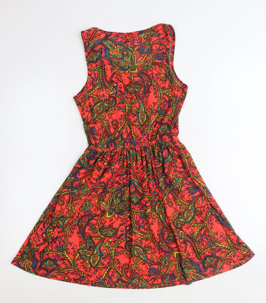 Topshop Womens Orange Paisley Polyester Fit & Flare Size 8 Scoop Neck Tie