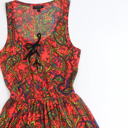 Topshop Womens Orange Paisley Polyester Fit & Flare Size 8 Scoop Neck Tie