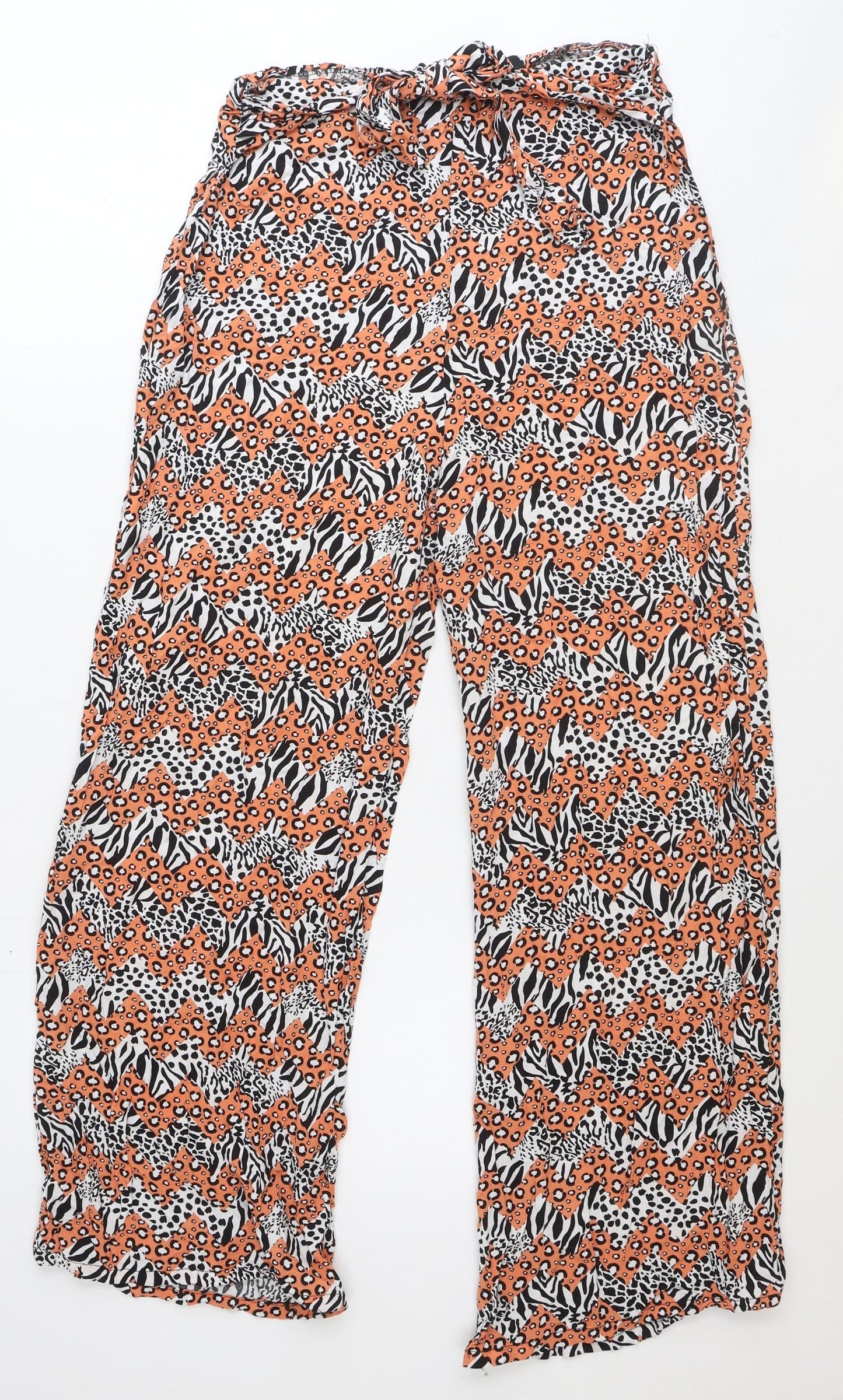 DED LONDON Womens Orange Animal Print Viscose Trousers Size 10 Regular Zip - Leopard Zebra Pattern