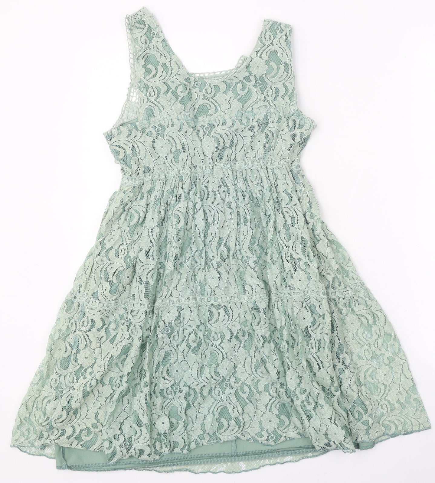 New Look Womens Green Cotton Skater Dress Size 8 Scoop Neck Pullover