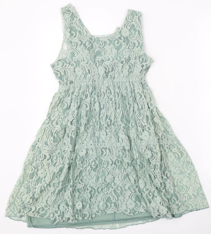 New Look Womens Green Cotton Skater Dress Size 8 Scoop Neck Pullover