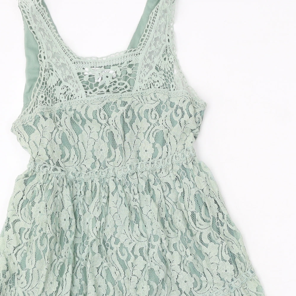 New Look Womens Green Cotton Skater Dress Size 8 Scoop Neck Pullover