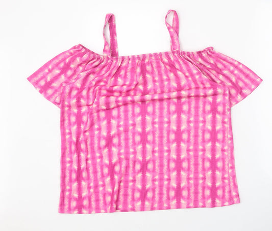 Papaya Womens Pink Geometric Polyester Basic Blouse Size 14 Square Neck - Cold Shoulder