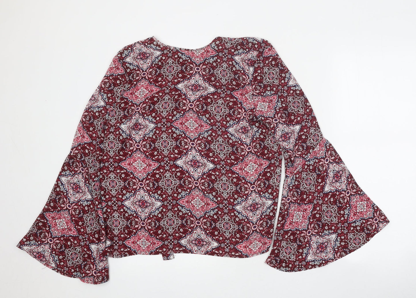 Primark Womens Red Geometric Polyester Basic Blouse Size 12 Boat Neck - Bell Sleeve