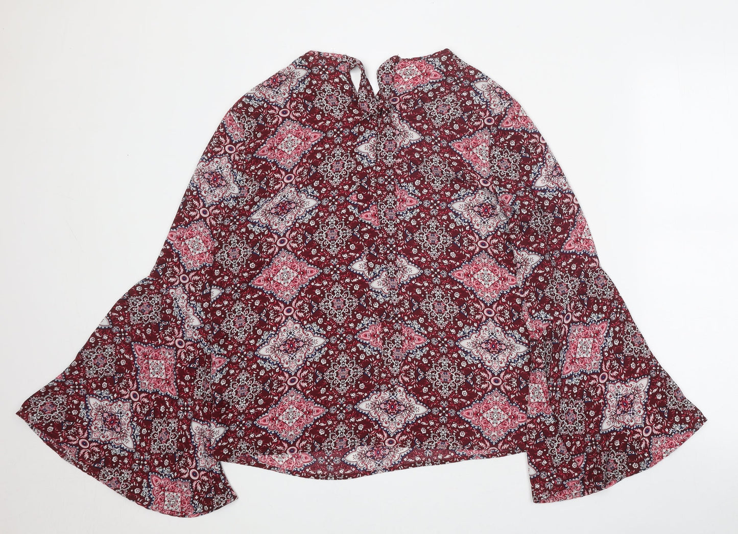 Primark Womens Red Geometric Polyester Basic Blouse Size 12 Boat Neck - Bell Sleeve