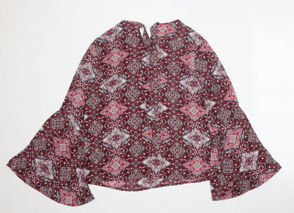 Primark Womens Red Geometric Polyester Basic Blouse Size 12 Boat Neck - Bell Sleeve