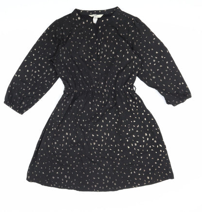 Yumi Womens Black Geometric Polyester Shirt Dress Size 6 V-Neck Pullover