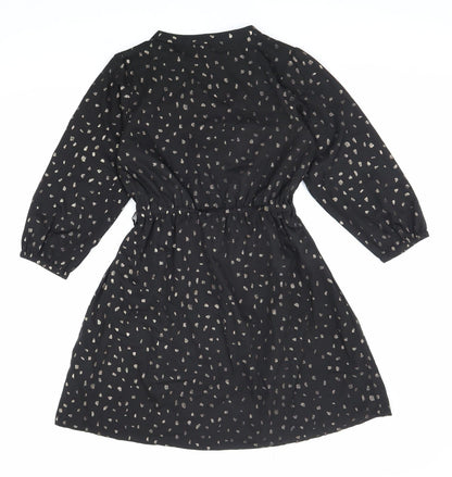Yumi Womens Black Geometric Polyester Shirt Dress Size 6 V-Neck Pullover