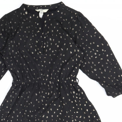 Yumi Womens Black Geometric Polyester Shirt Dress Size 6 V-Neck Pullover