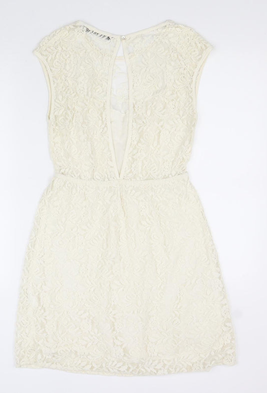 Zara Womens White Cotton Pencil Dress Size S Round Neck Button