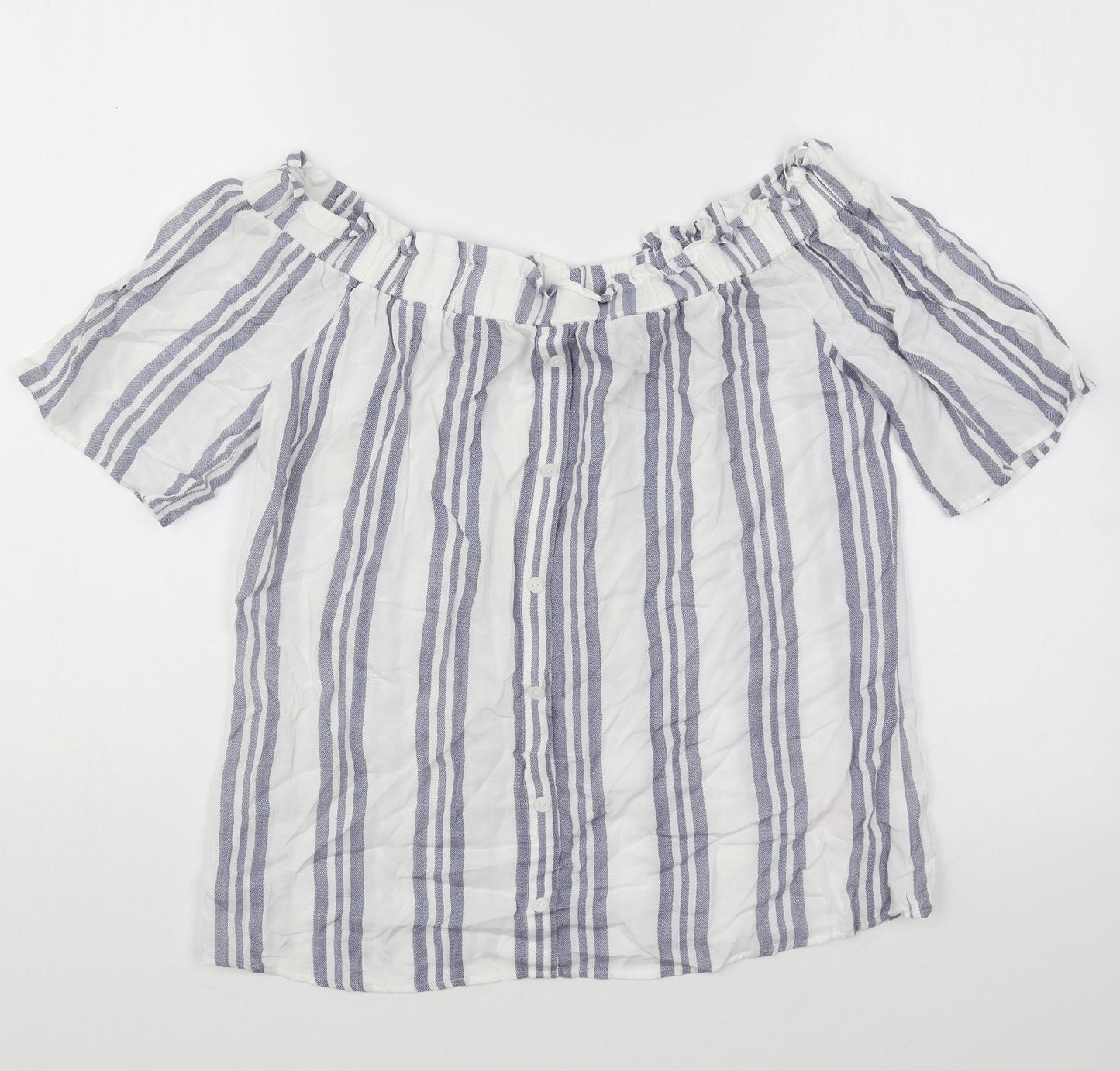 F&F Womens White Striped Cotton Basic Blouse Size 8 Boat Neck