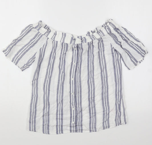 F&F Womens White Striped Cotton Basic Blouse Size 8 Boat Neck