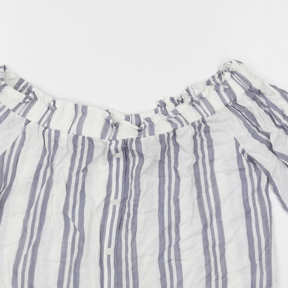 F&F Womens White Striped Cotton Basic Blouse Size 8 Boat Neck