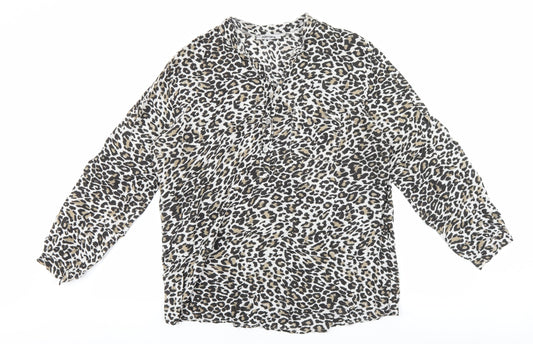 Alexara Womens Brown Animal Print Viscose Basic Blouse Size L V-Neck - Leopard Print
