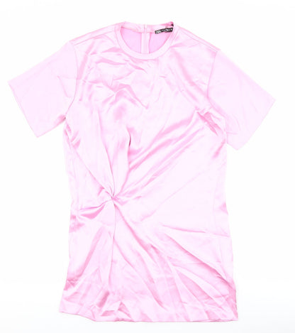Zara Womens Pink Polyester Shirt Dress Size M Round Neck Zip