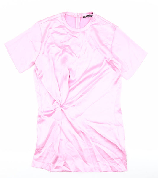 Zara Womens Pink Polyester Shirt Dress Size M Round Neck Zip