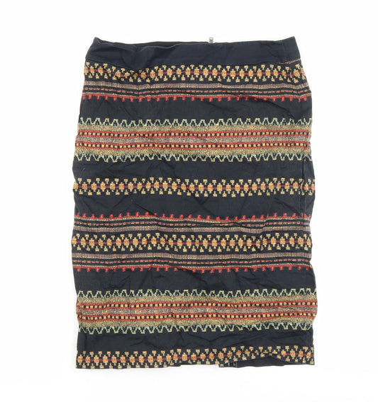 Marks and Spencer Womens Black Geometric Cotton A-Line Skirt Size 8 Zip